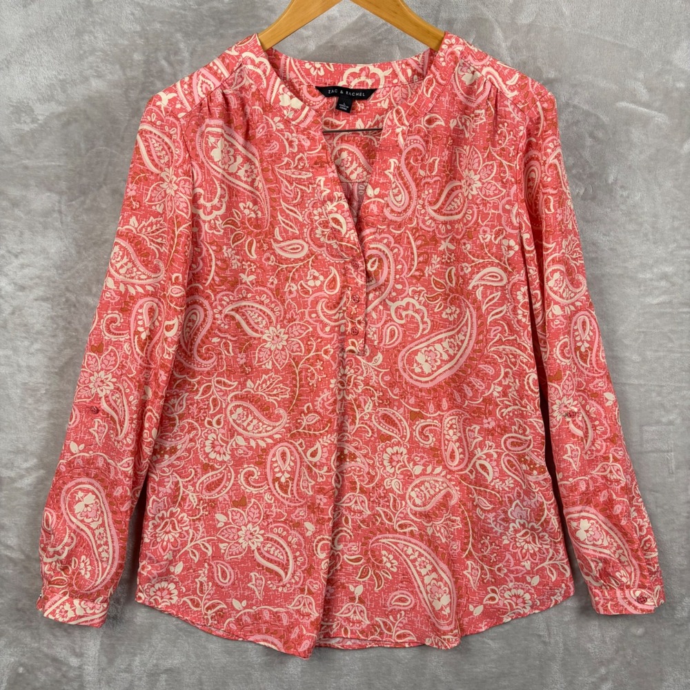 Zac & Rachel Women L Pink Paisley Roll Tab Sleeve Pop Over Shirt Blouse Top Boho